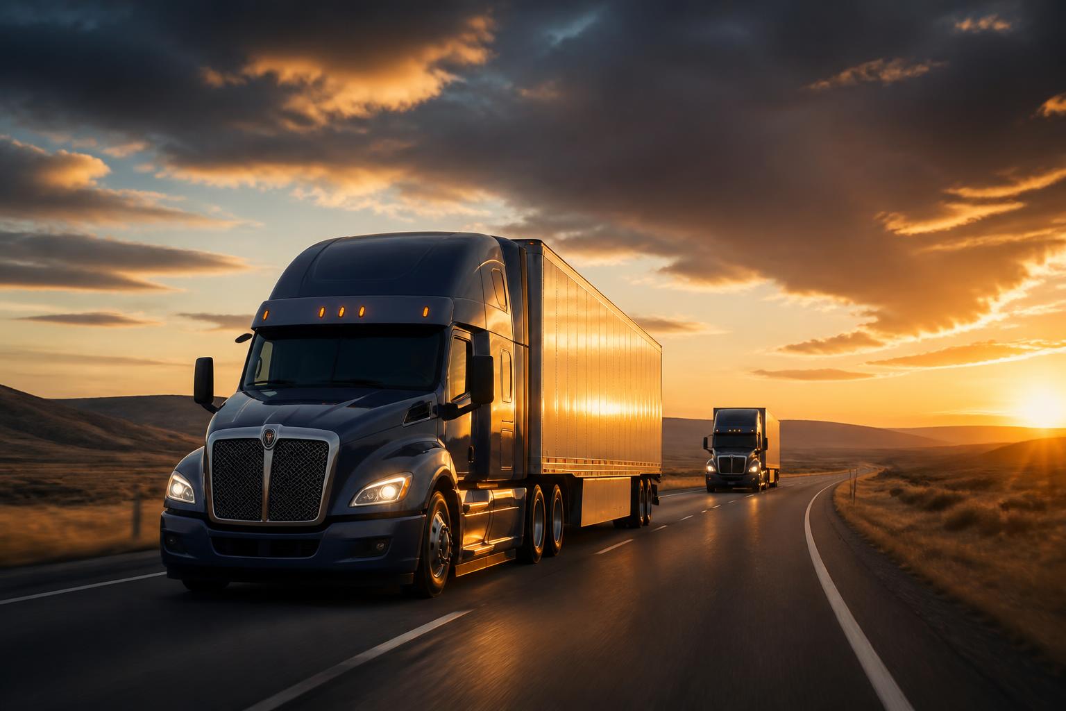 Freight trucks on highway at golden hour